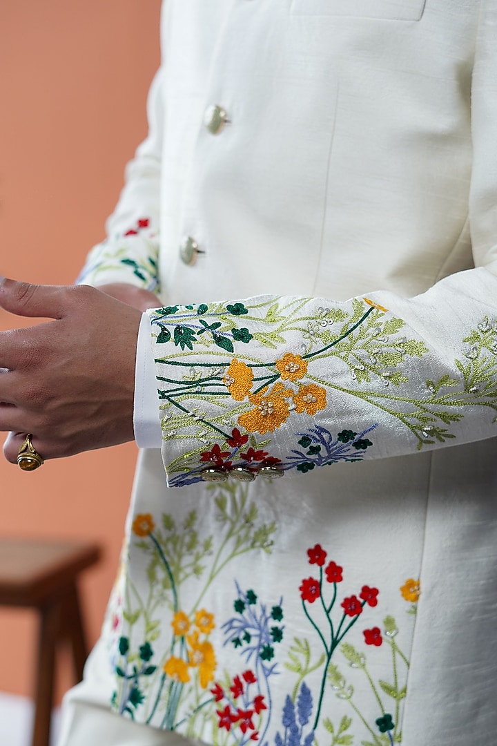Off-White Silk Blend Flora Embroidered Wedding Bandhgala by Philocaly at Pernia's Pop Up Shop