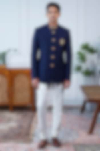 Navy Blue Perennial Wool Dabka Embroidered Bandhgala by Philocaly