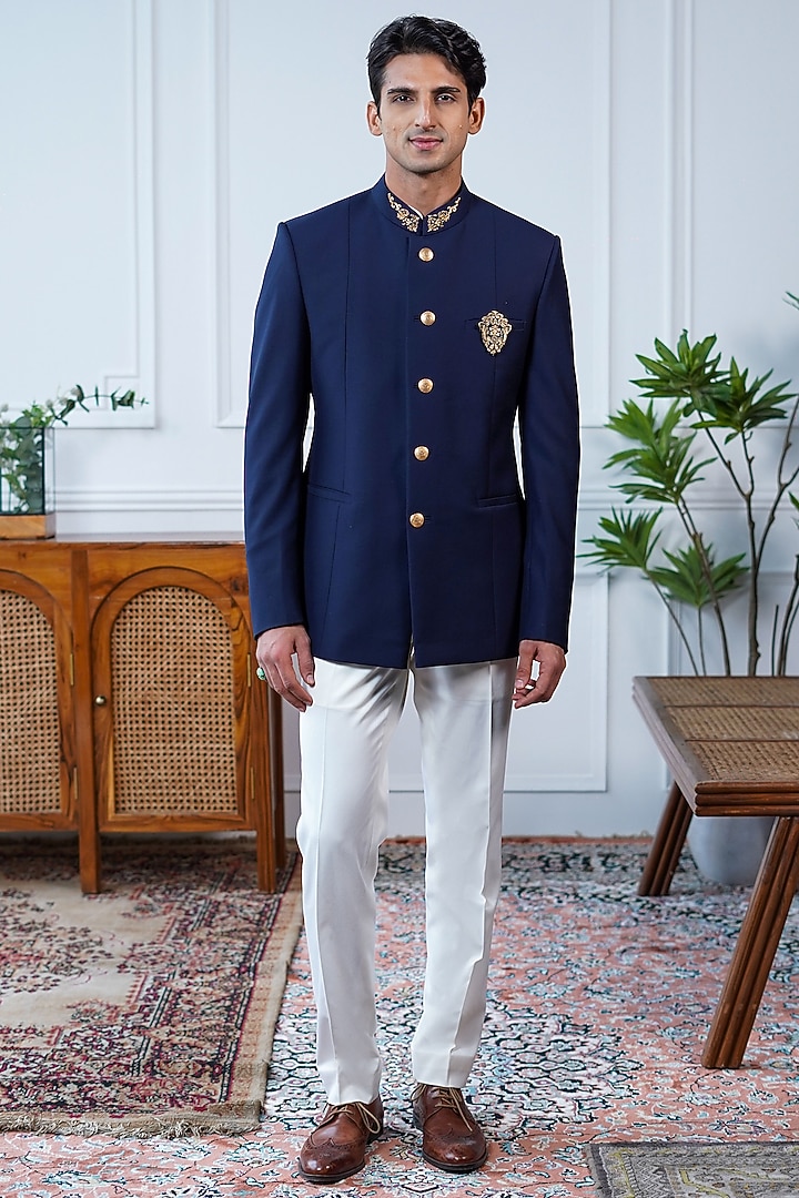 Navy Blue Perennial Wool Dabka Embroidered Bandhgala by Philocaly