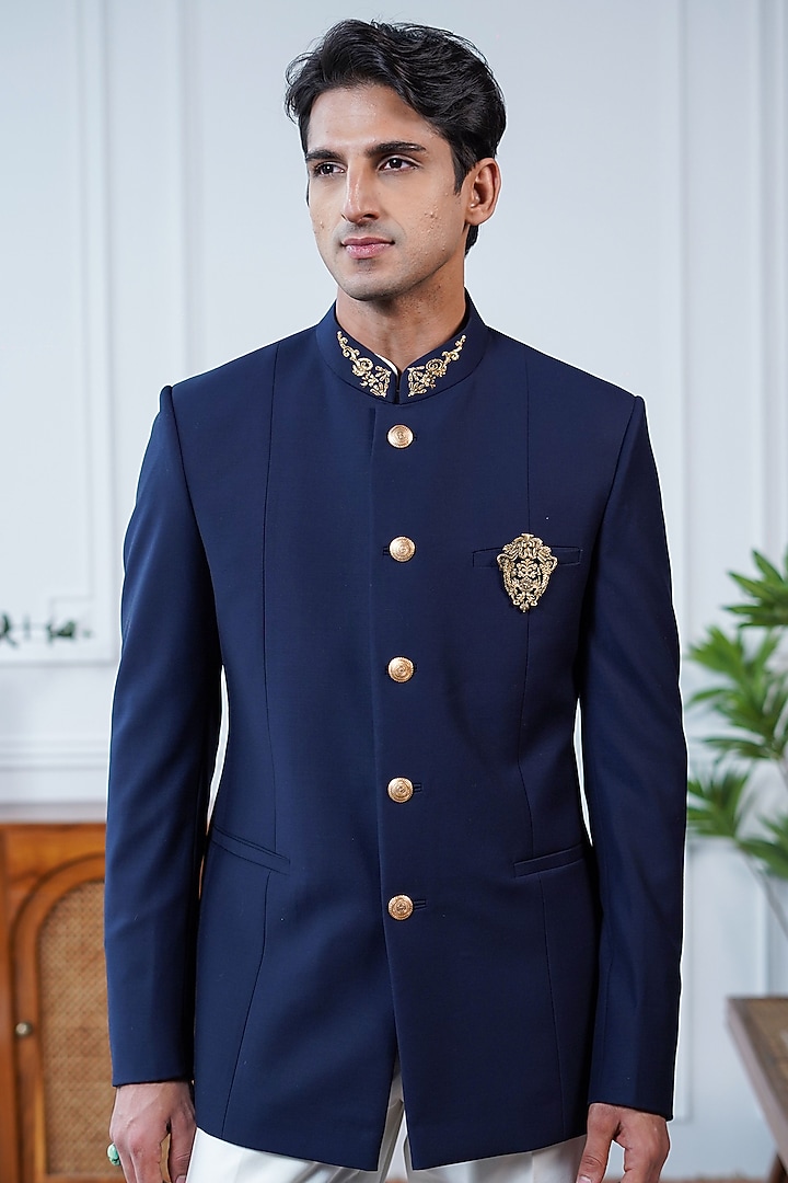 Navy Blue Perennial Wool Dabka Embroidered Wedding Bandhgala by Philocaly at Pernia's Pop Up Shop