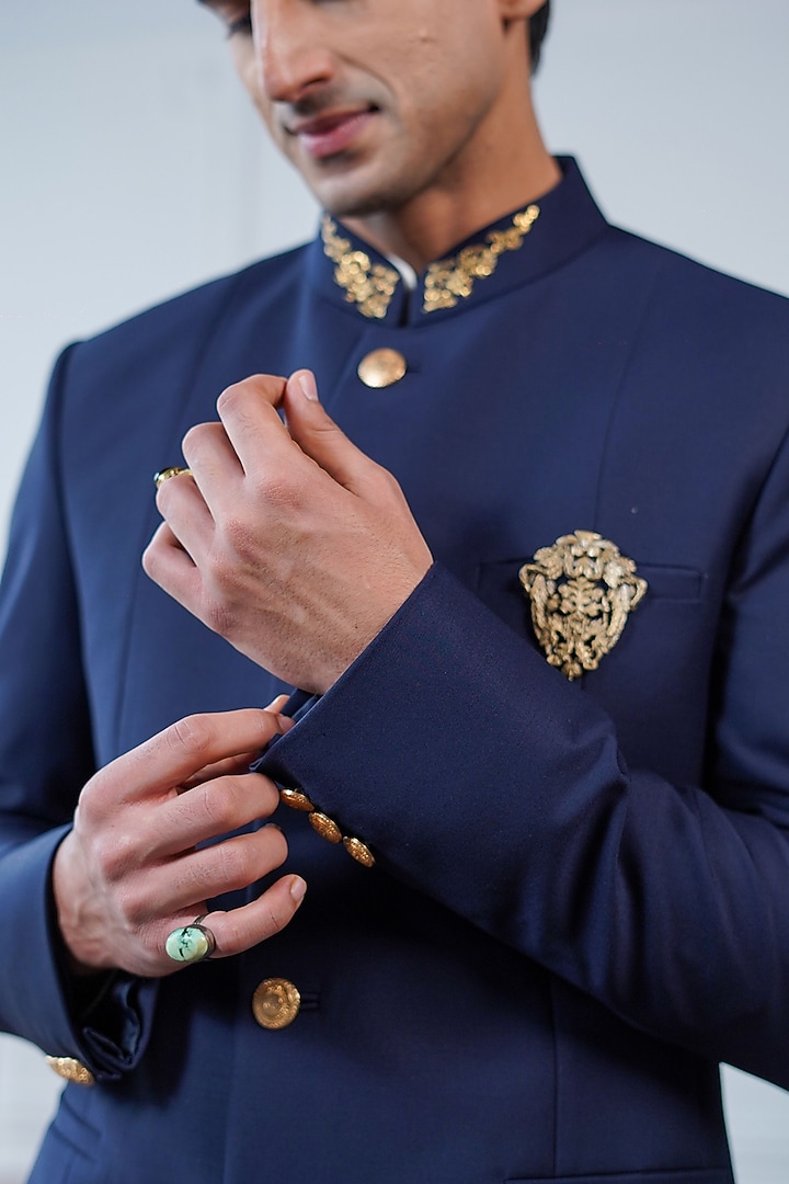 Navy Blue Perennial Wool Dabka Embroidered Wedding Bandhgala by Philocaly at Pernia's Pop Up Shop