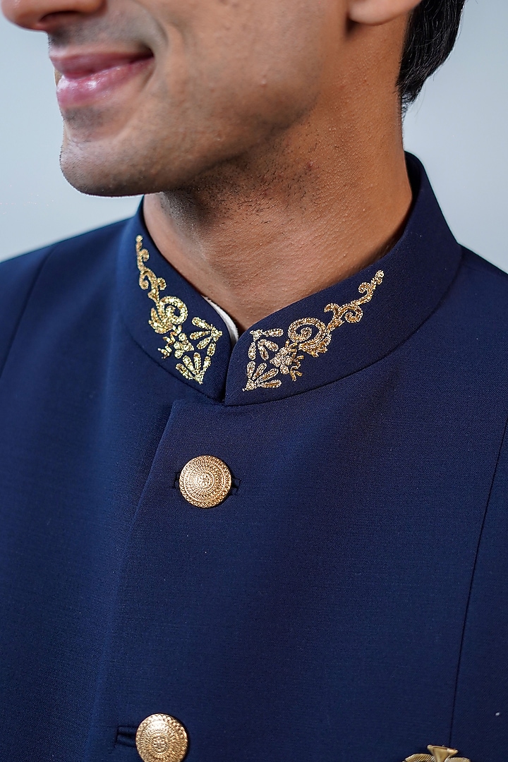 Navy Blue Perennial Wool Dabka Embroidered Wedding Bandhgala by Philocaly at Pernia's Pop Up Shop