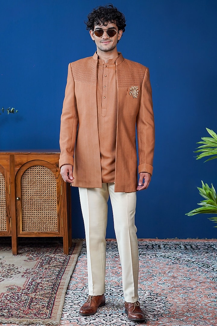 Rust Cotton Silk Open-Front Bandhgala Set by Philocaly