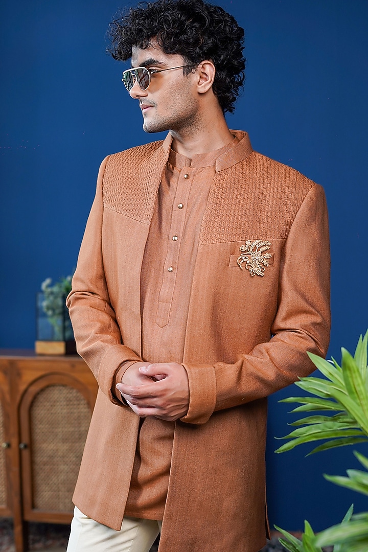 Rust Cotton Silk Open-Front Wedding Bandhgala Set by Philocaly at Pernia's Pop Up Shop