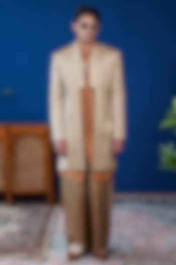 Beige Linen Satin Open Indowestern by Philocaly