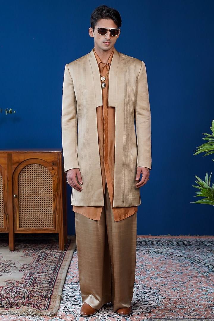 Beige Linen Satin Open Indowestern Set by Philocaly