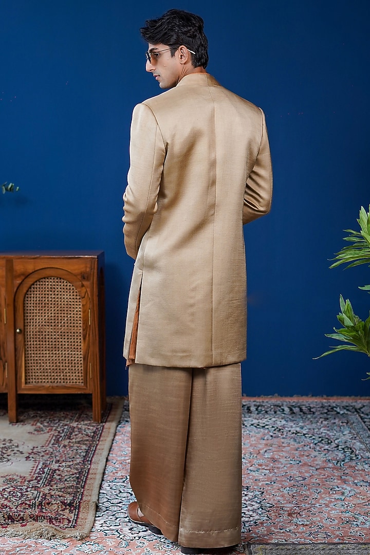 Beige Linen Satin Open Wedding Indowestern Set by Philocaly at Pernia's Pop Up Shop