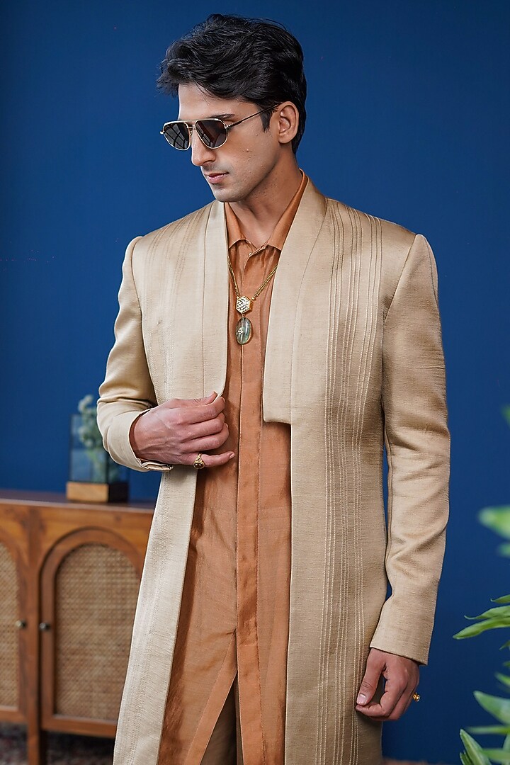 Beige Linen Satin Open Wedding Indowestern Set by Philocaly at Pernia's Pop Up Shop