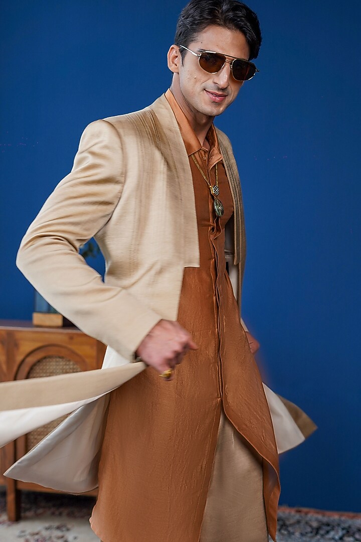 Beige Linen Satin Open Wedding Indowestern Set by Philocaly at Pernia's Pop Up Shop