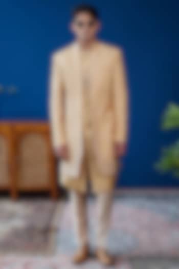 Beige Silk Embroidered Open-Indowestern by Philocaly