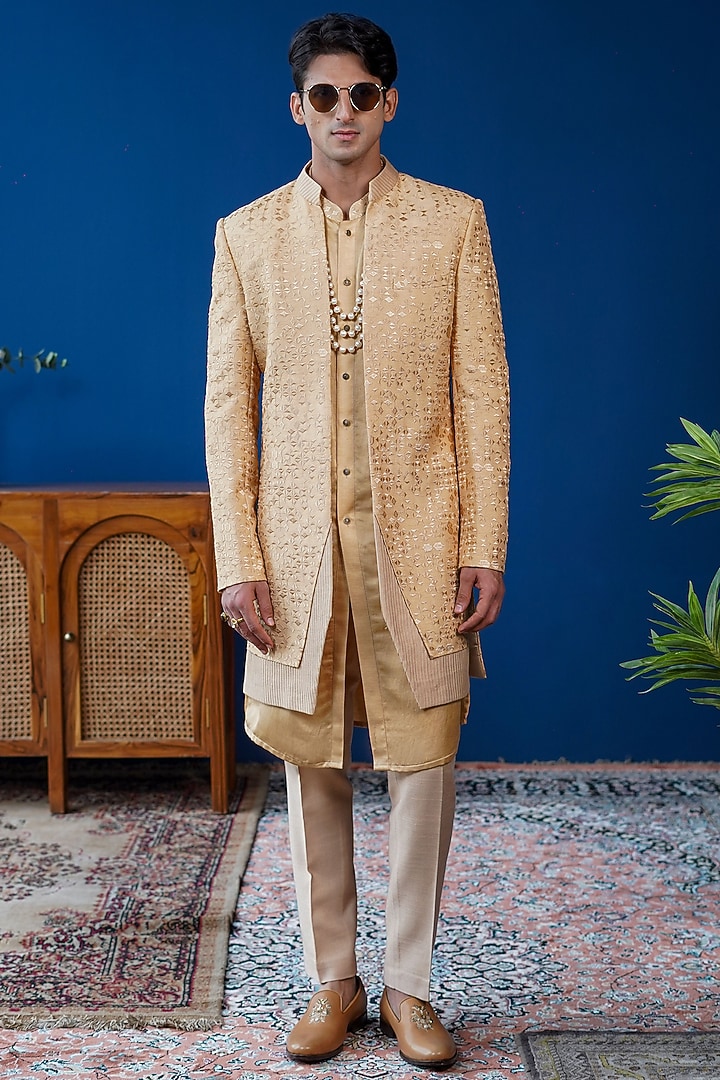 Beige Silk Embroidered Open-Indowestern by Philocaly