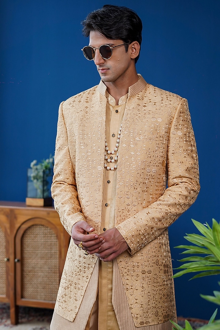 Beige Silk Embroidered Open-Wedding Indowestern by Philocaly at Pernia's Pop Up Shop