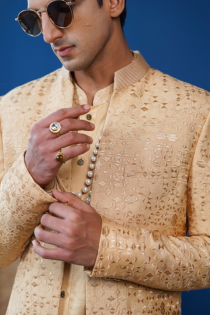Beige Silk Embroidered Open-Wedding Indowestern by Philocaly at Pernia's Pop Up Shop