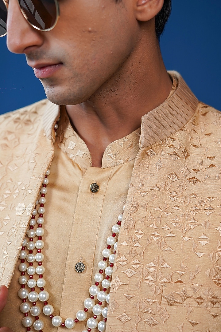 Beige Silk Embroidered Open-Wedding Indowestern by Philocaly at Pernia's Pop Up Shop