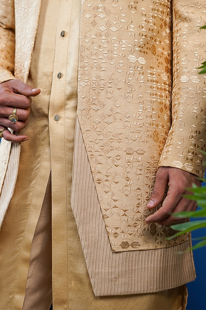 Beige Silk Embroidered Open-Wedding Indowestern by Philocaly at Pernia's Pop Up Shop