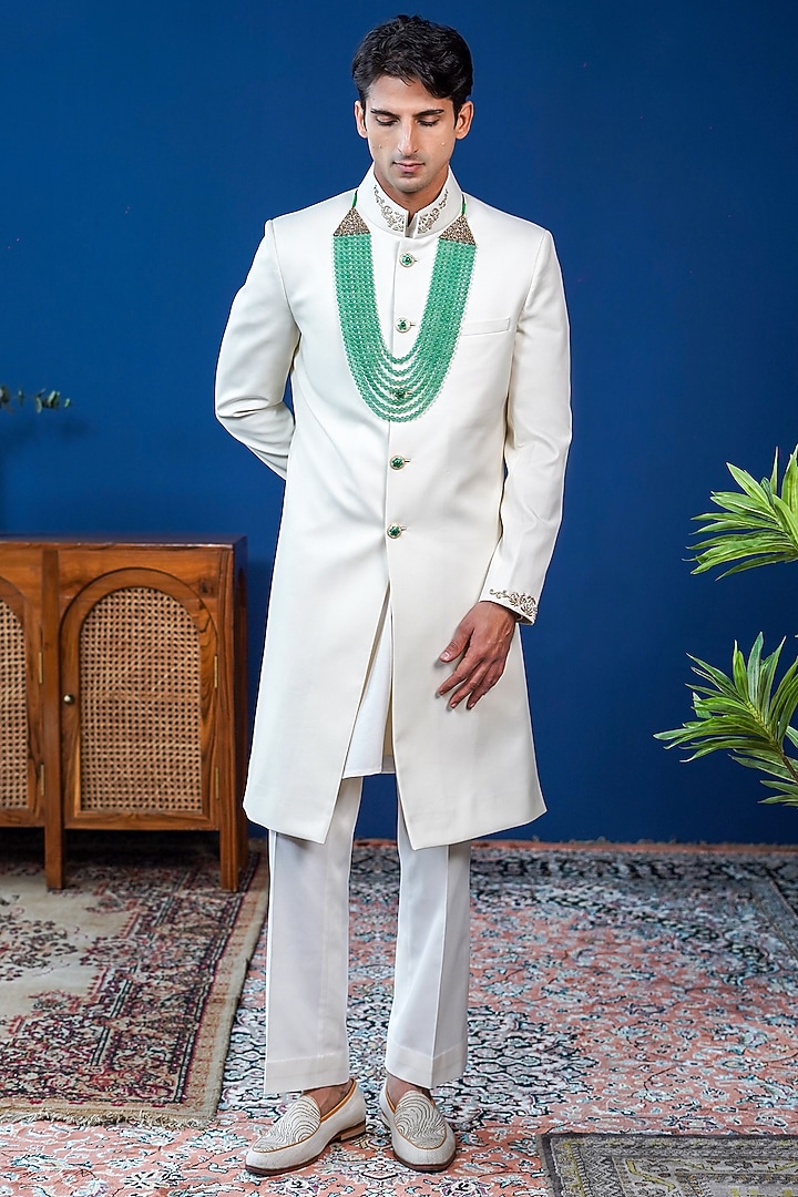 Off-White Perennial wool Embroidered Achkan by Philocaly