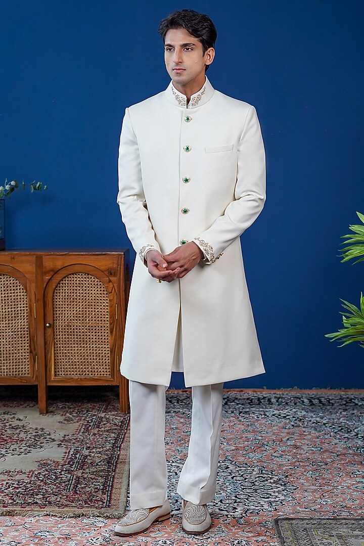 Off-White Perennial wool Embroidered Achkan by Philocaly at Pernia's Pop Up Shop