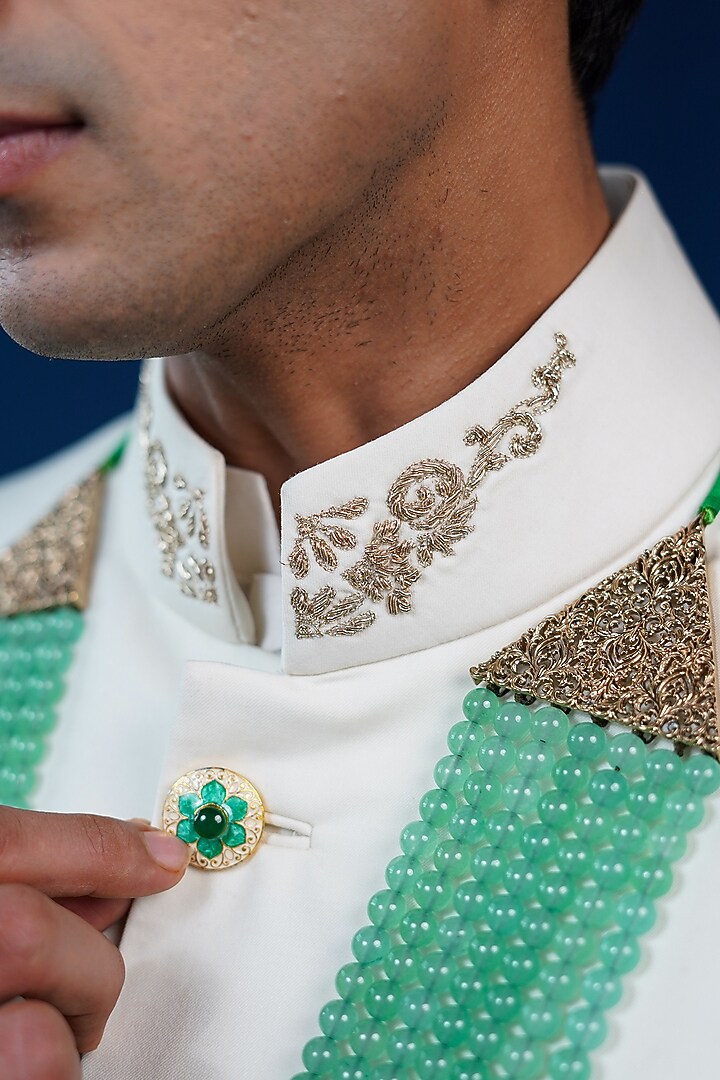 Off-White Perennial wool Embroidered Achkan by Philocaly at Pernia's Pop Up Shop