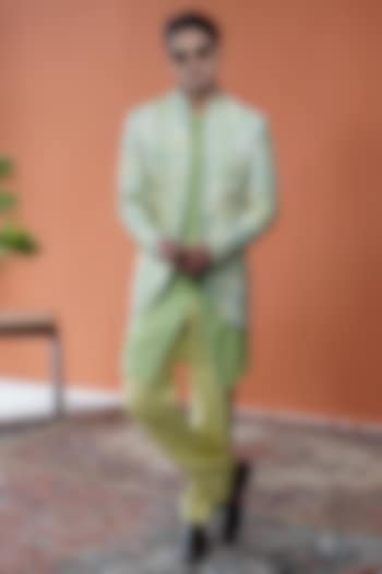 Green Cotton Tussar Floral Printed Wedding Indowestern Jacket by Philocaly at Pernia's Pop Up Shop