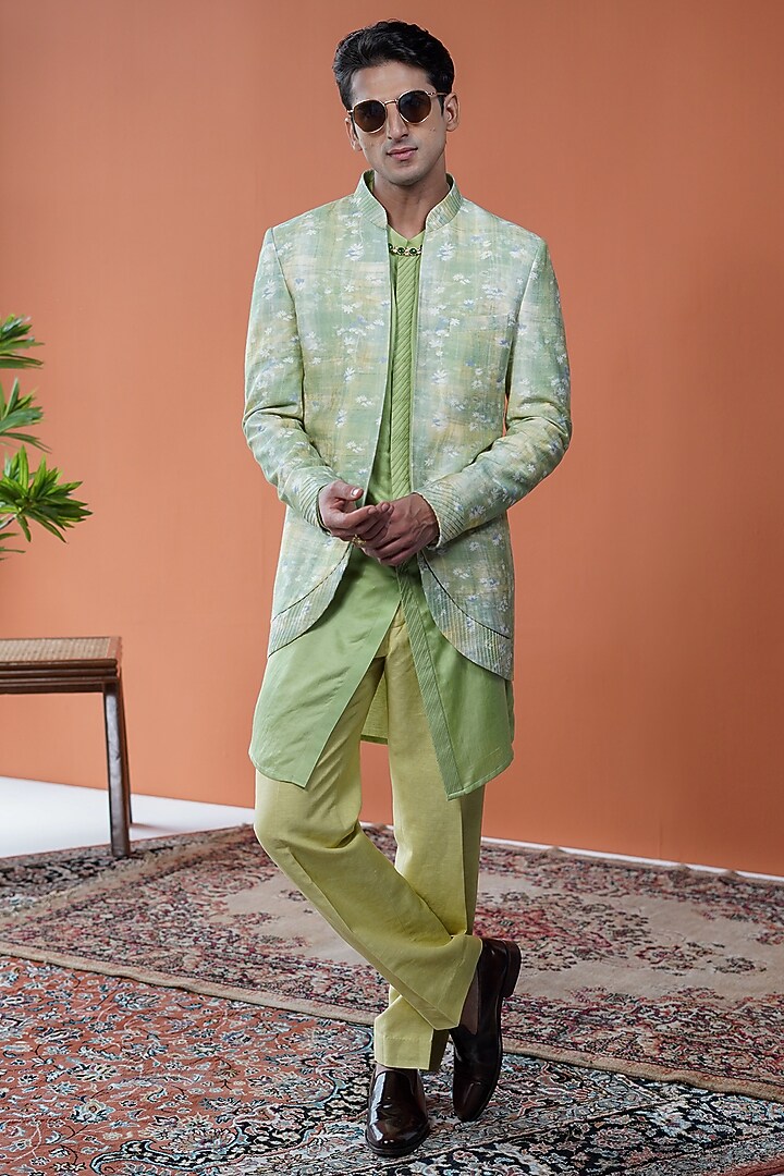Green Cotton Tussar Floral Printed Wedding Indowestern Set by Philocaly at Pernia's Pop Up Shop