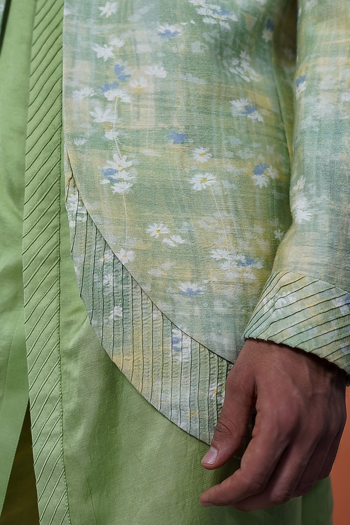 Green Cotton Tussar Floral Printed Wedding Indowestern Set by Philocaly at Pernia's Pop Up Shop