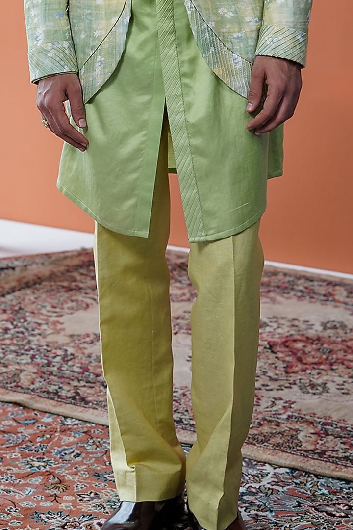 Green Cotton Tussar Floral Printed Wedding Indowestern Set by Philocaly at Pernia's Pop Up Shop