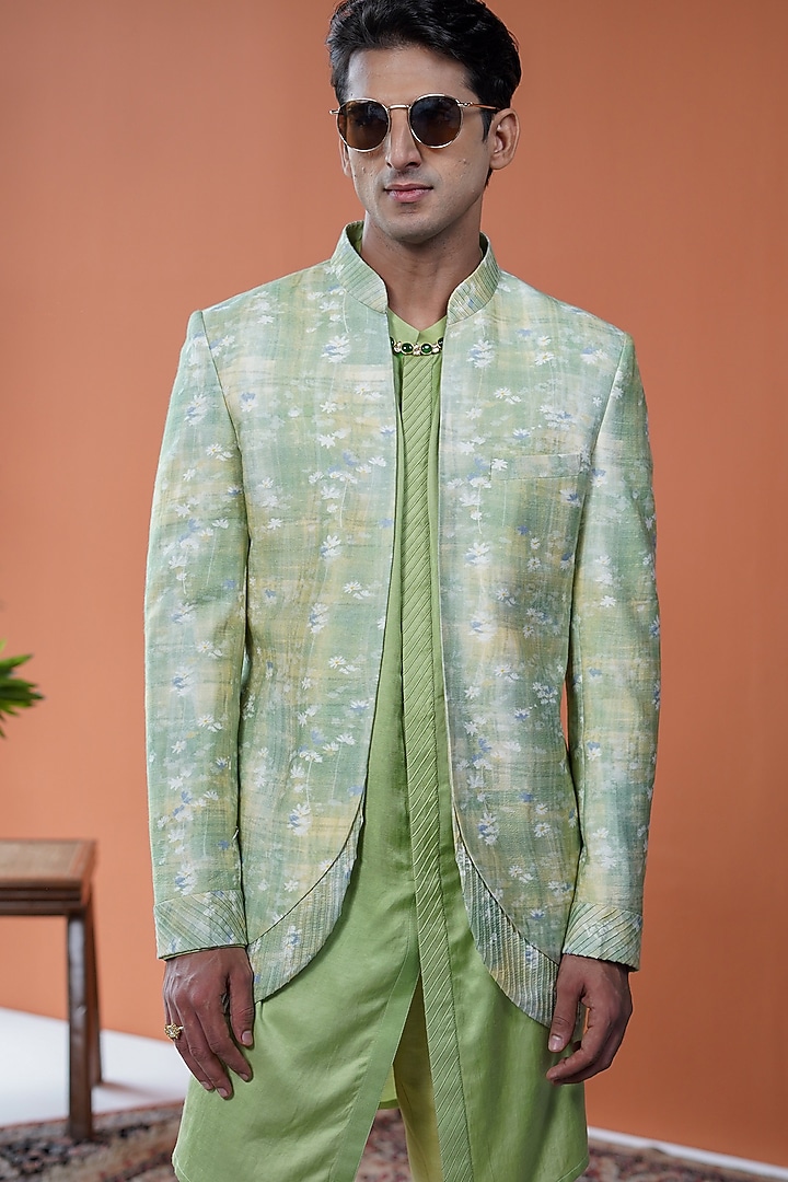 Green Cotton Tussar Floral Printed Wedding Indowestern Set by Philocaly at Pernia's Pop Up Shop