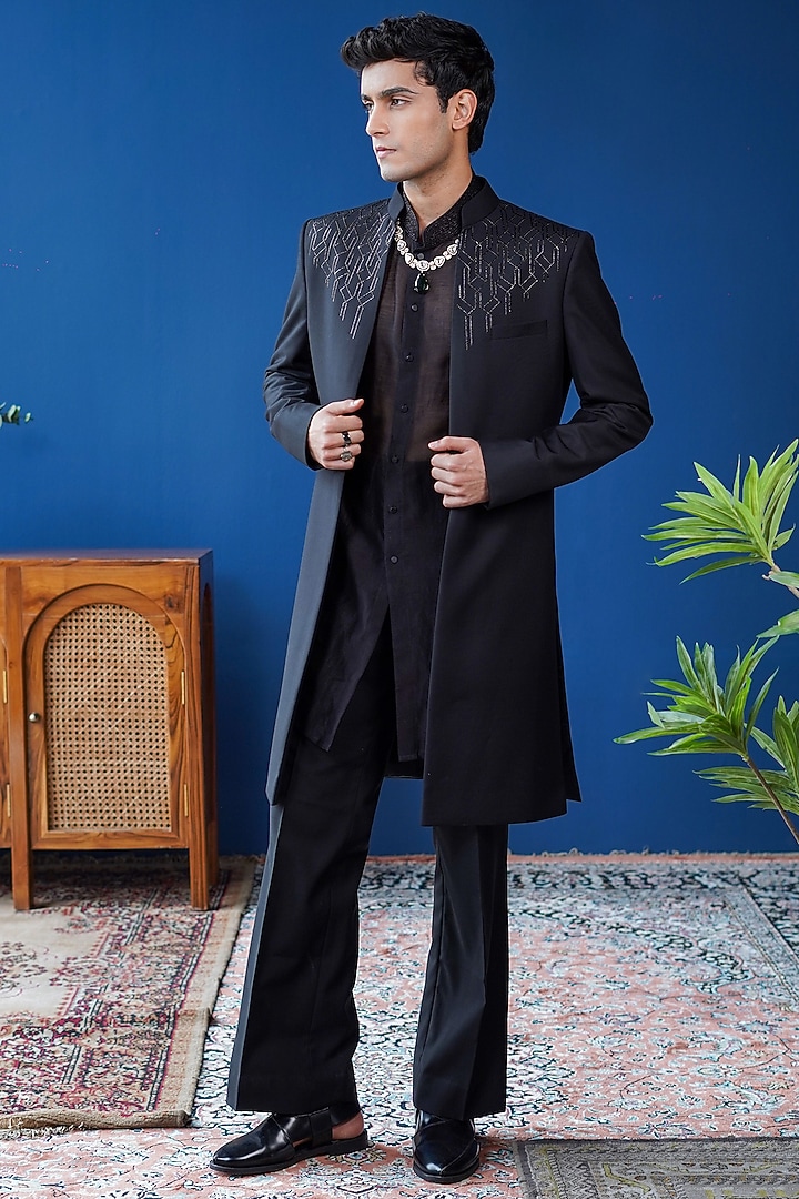 Black Perennial Wool Embroidered Front-Open Wedding Indowestern Set by Philocaly at Pernia's Pop Up Shop