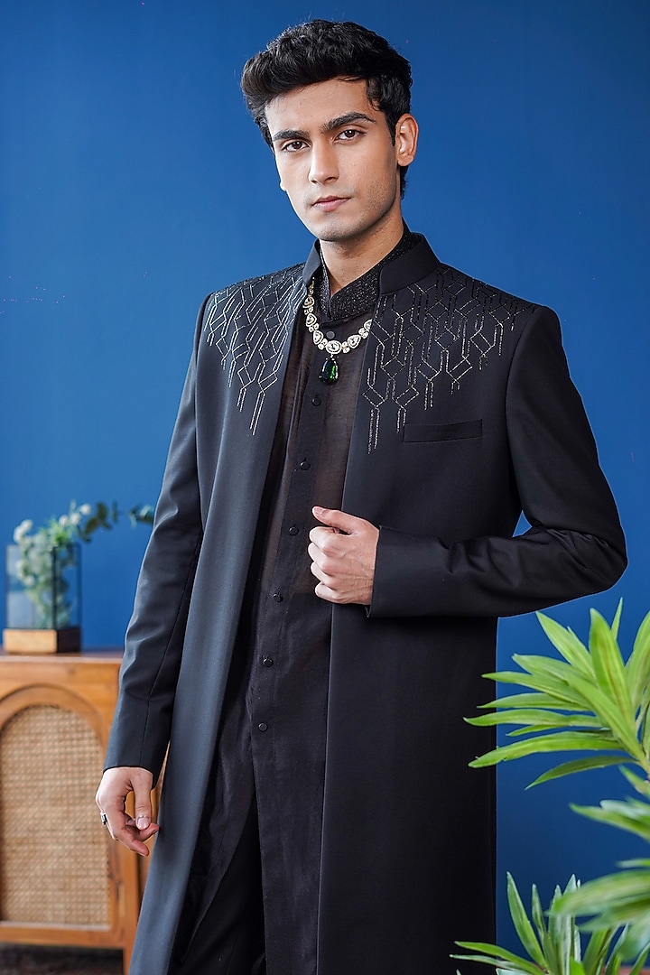 Black Perennial Wool Embroidered Front-Open Wedding Indowestern Set by Philocaly at Pernia's Pop Up Shop