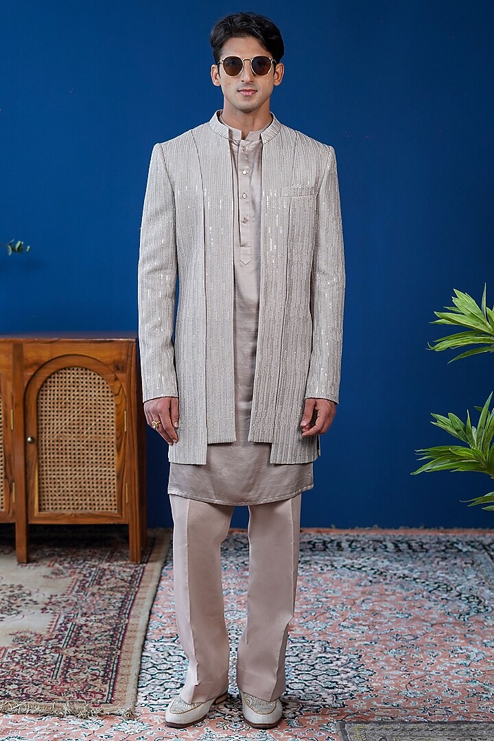 Warm Grey Georgette Blend Sequin Embroidered Wedding Indowestern Jacket by Philocaly at Pernia's Pop Up Shop