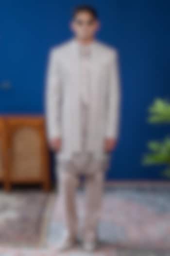 Warm Grey Georgette Blend Sequin Embroidered Wedding Indowestern Set by Philocaly at Pernia's Pop Up Shop