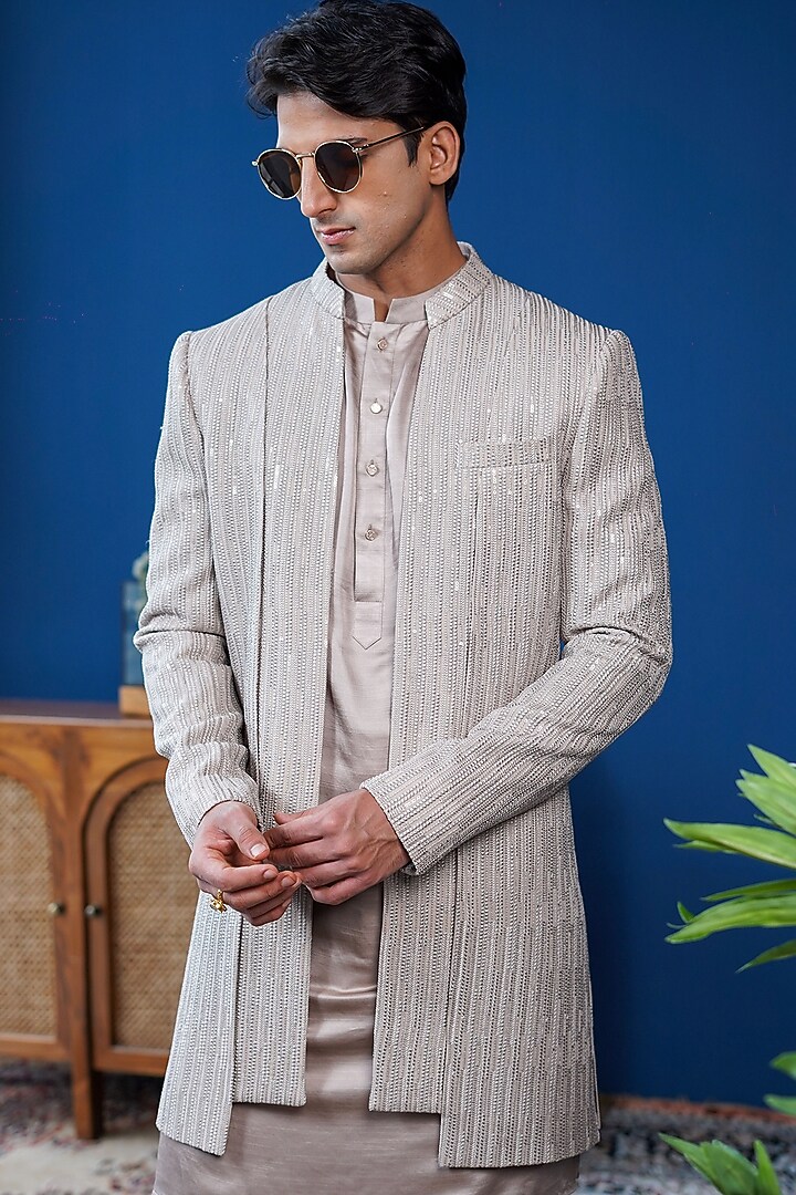 Warm Grey Georgette Blend Sequin Embroidered Wedding Indowestern Set by Philocaly at Pernia's Pop Up Shop