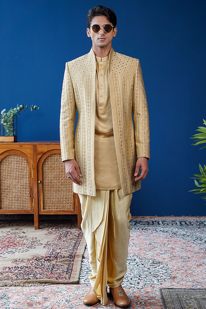 Champagne Silk Blend Embroidered Wedding Indowestern Jacket by Philocaly at Pernia's Pop Up Shop