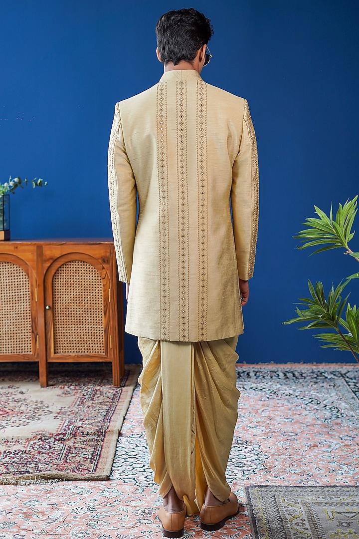 Champagne Silk Blend Embroidered Wedding Indowestern Jacket by Philocaly at Pernia's Pop Up Shop