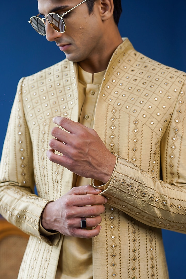 Champagne Silk Blend Embroidered Wedding Indowestern Jacket by Philocaly at Pernia's Pop Up Shop