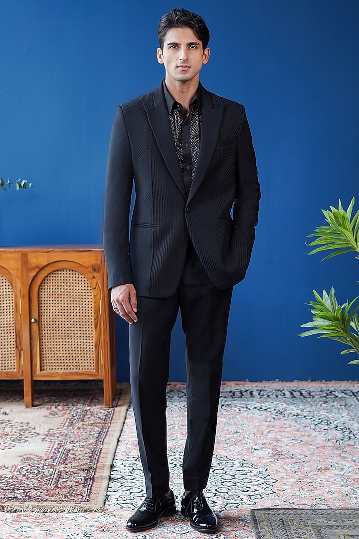 Black Perennial Wool Tuxedo by Philocaly at Pernia's Pop Up Shop