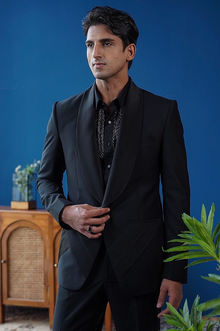 Black Perennial Wool Tuxedo by Philocaly at Pernia's Pop Up Shop