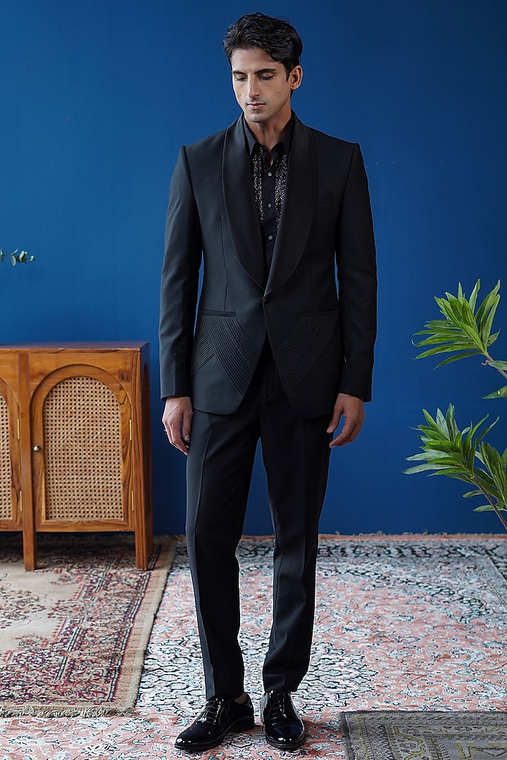 Black Perennial Wool Tuxedo by Philocaly at Pernia's Pop Up Shop