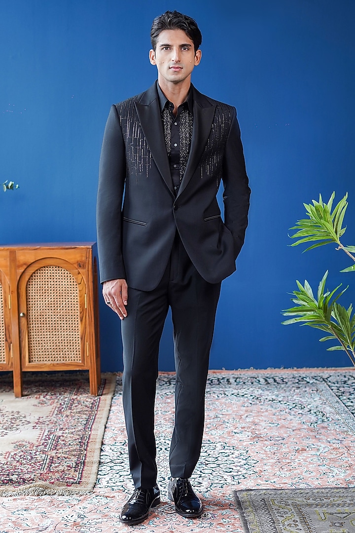 Black Perennial Wool Embroidered Tuxedo by Philocaly at Pernia's Pop Up Shop