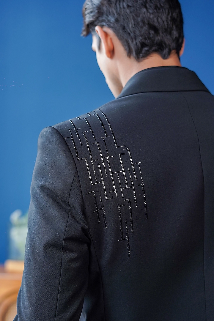 Black Perennial Wool Embroidered Tuxedo by Philocaly at Pernia's Pop Up Shop