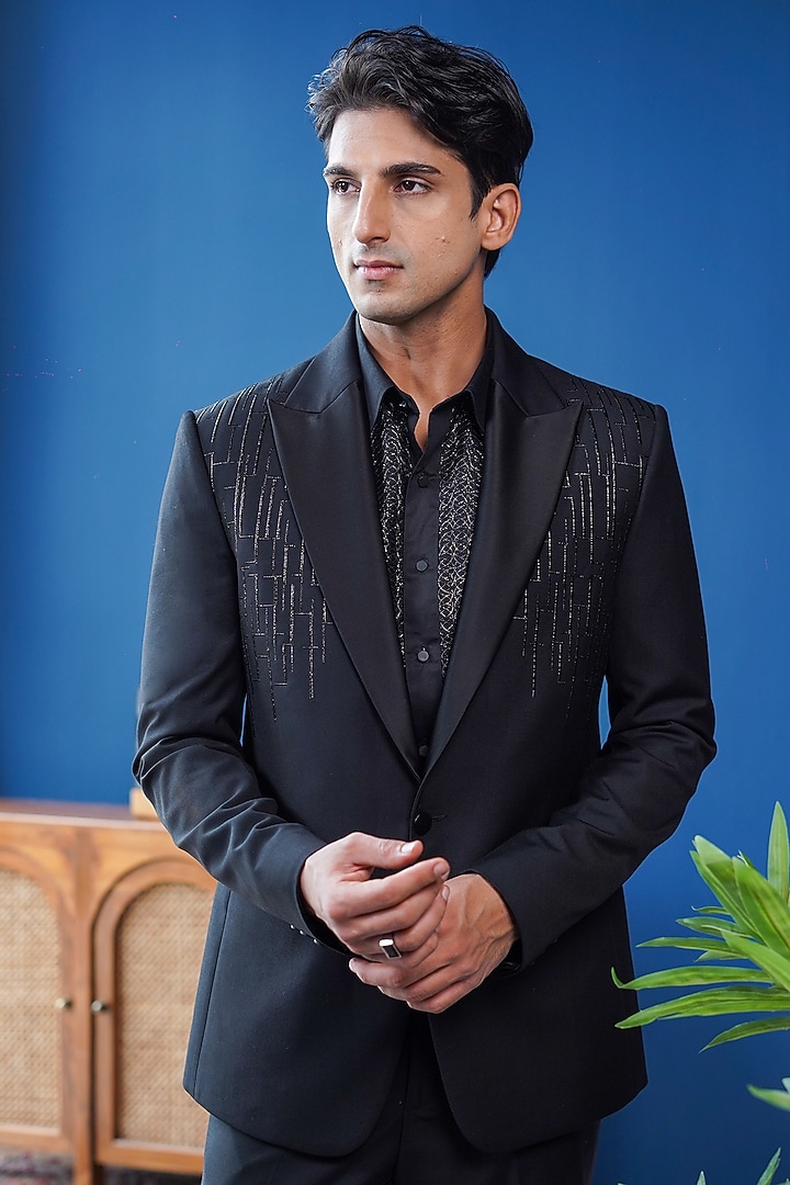 Black Perennial Wool Embroidered Tuxedo by Philocaly at Pernia's Pop Up Shop