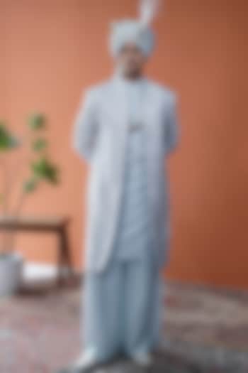 Light Blue Silk Zardosi Embroidered Sherwani Set by Philocaly