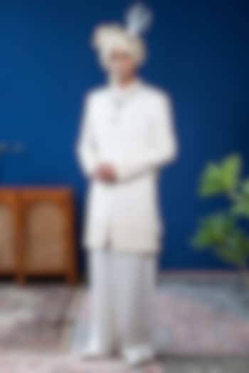 Off-White Silk Embroidered Sherwani Set by Philocaly