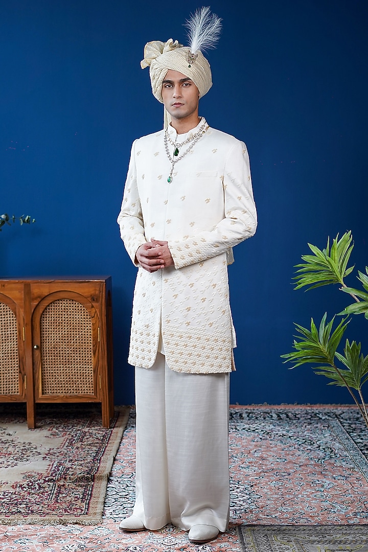 Off-White Silk Embroidered Sherwani Set by Philocaly