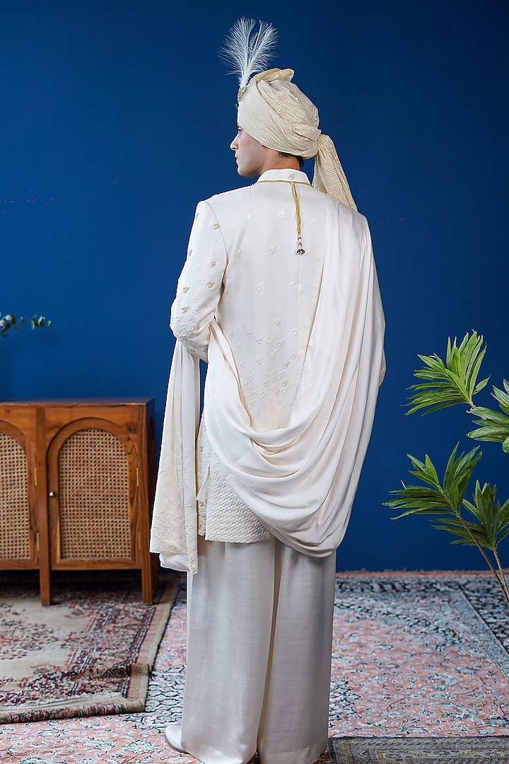 Off-White Silk Embroidered Groom Sherwani Set by Philocaly at Pernia's Pop Up Shop