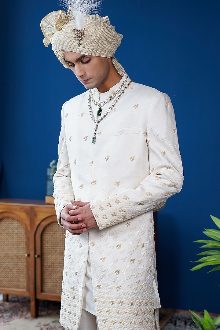 Off-White Silk Embroidered Groom Sherwani Set by Philocaly at Pernia's Pop Up Shop