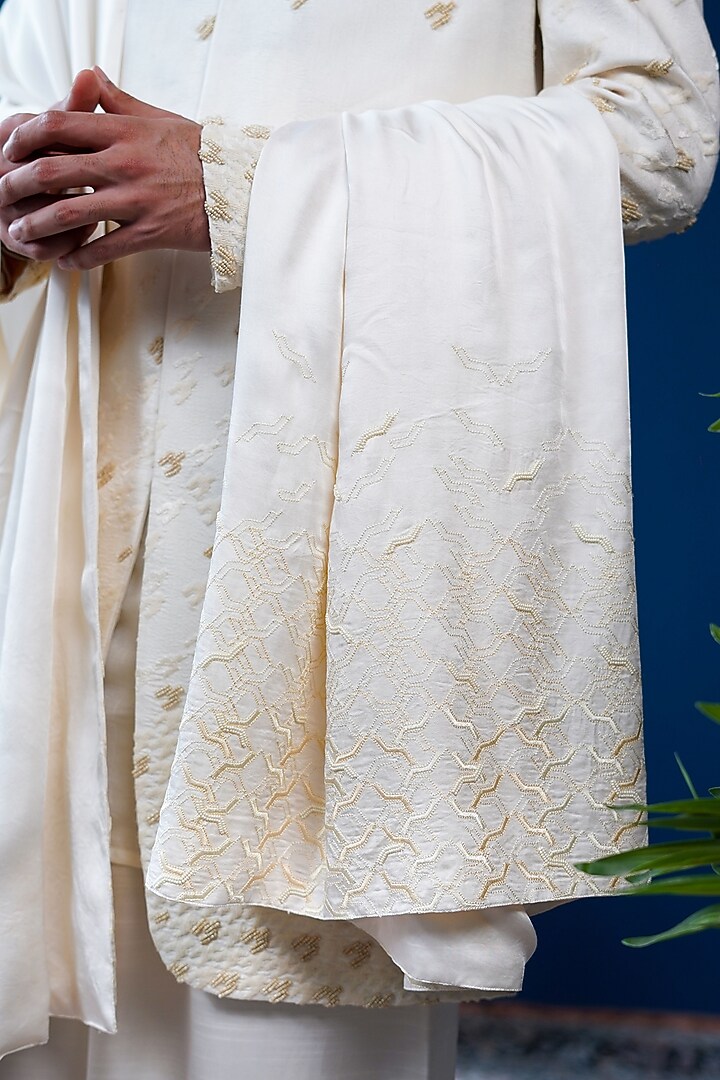Off-White Silk Embroidered Groom Sherwani Set by Philocaly at Pernia's Pop Up Shop
