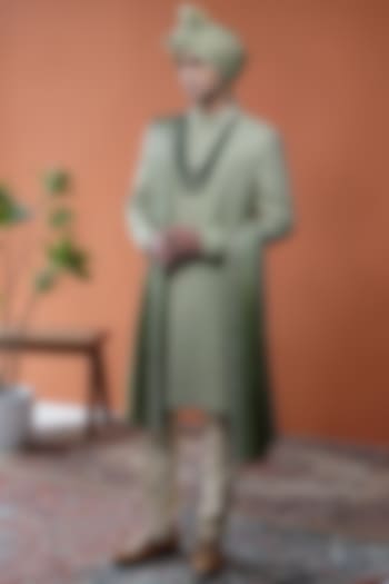 Olive Green Silk Beadwork Groom Sherwani Set by Philocaly at Pernia's Pop Up Shop