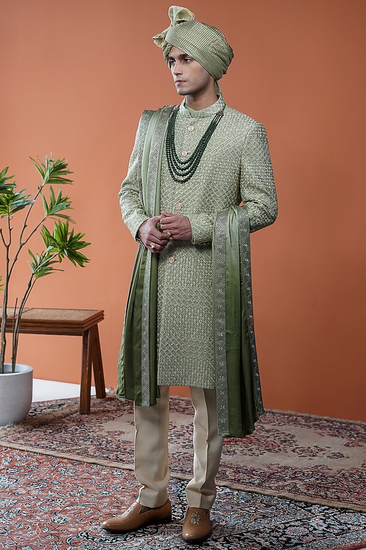 Olive Green Silk Beadwork Groom Sherwani Set by Philocaly at Pernia's Pop Up Shop