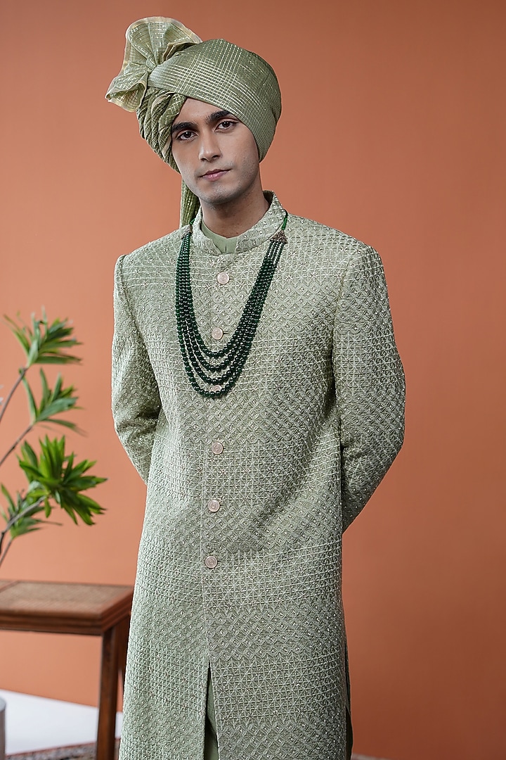 Olive Green Silk Beadwork Groom Sherwani Set by Philocaly at Pernia's Pop Up Shop